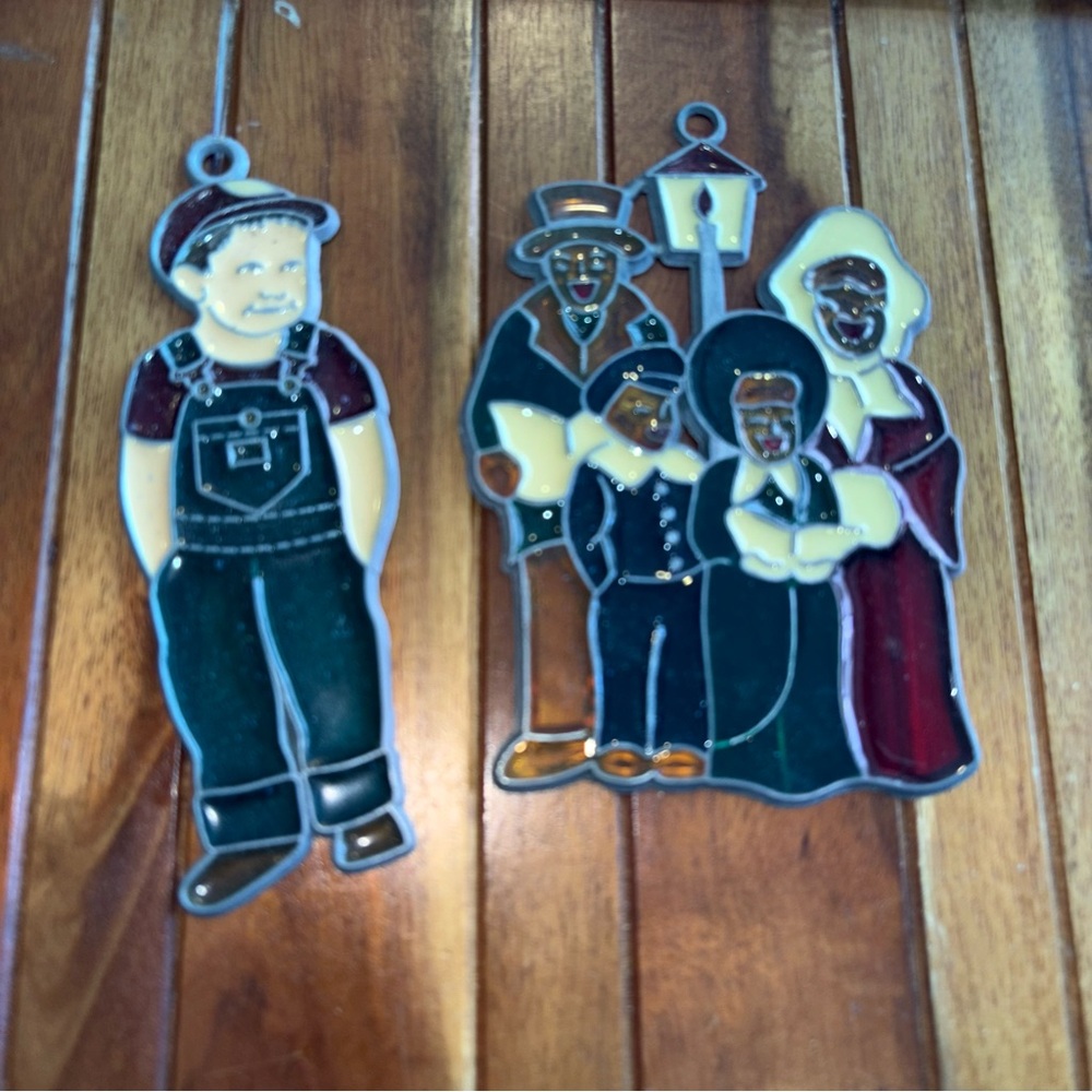 Vintage Stained Glass Holiday Ornaments Pair